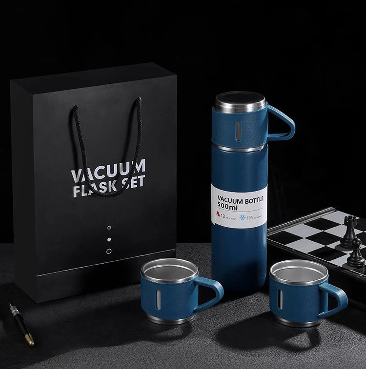 Kit Garrafa Térmica Inox 500ml + Xícaras – Bebidas Quentes ou Frias com Praticidade