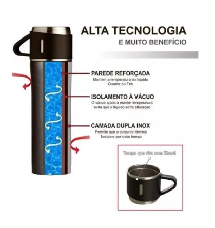 Kit Garrafa Térmica Inox 500ml + Xícaras – Bebidas Quentes ou Frias com Praticidade