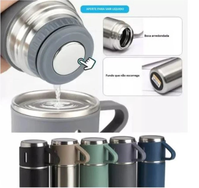 Kit Garrafa Térmica Inox 500ml + Xícaras – Bebidas Quentes ou Frias com Praticidade