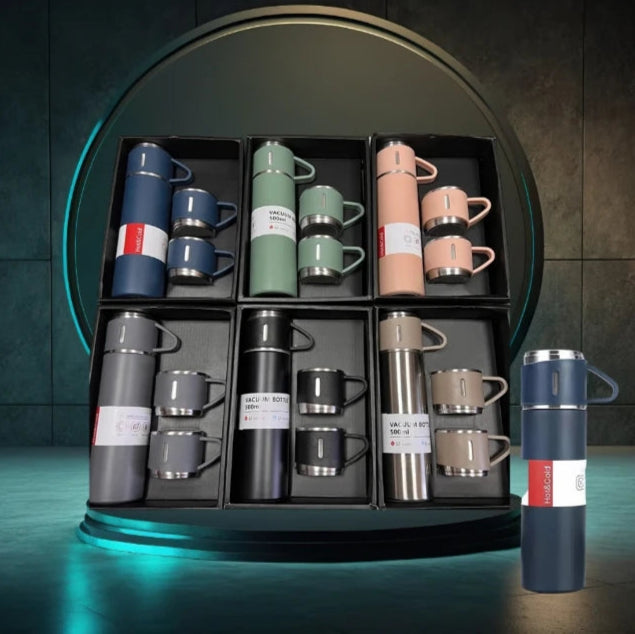Kit Garrafa Térmica Inox 500ml + Xícaras – Bebidas Quentes ou Frias com Praticidade